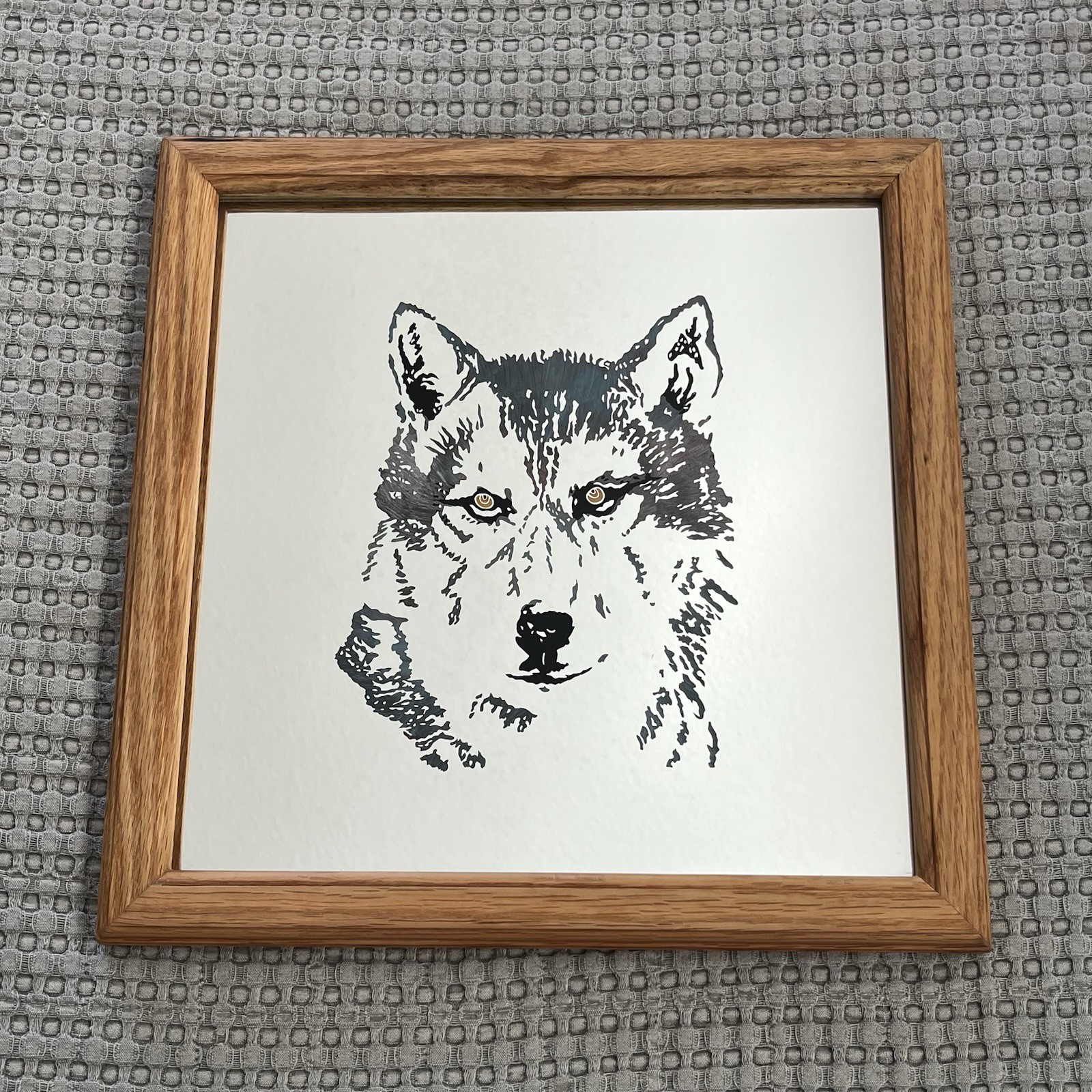 1999 OOAK Wolf Mirror Custom Made Etched & Painted in Wooden Frame 13.5” x 13.5”