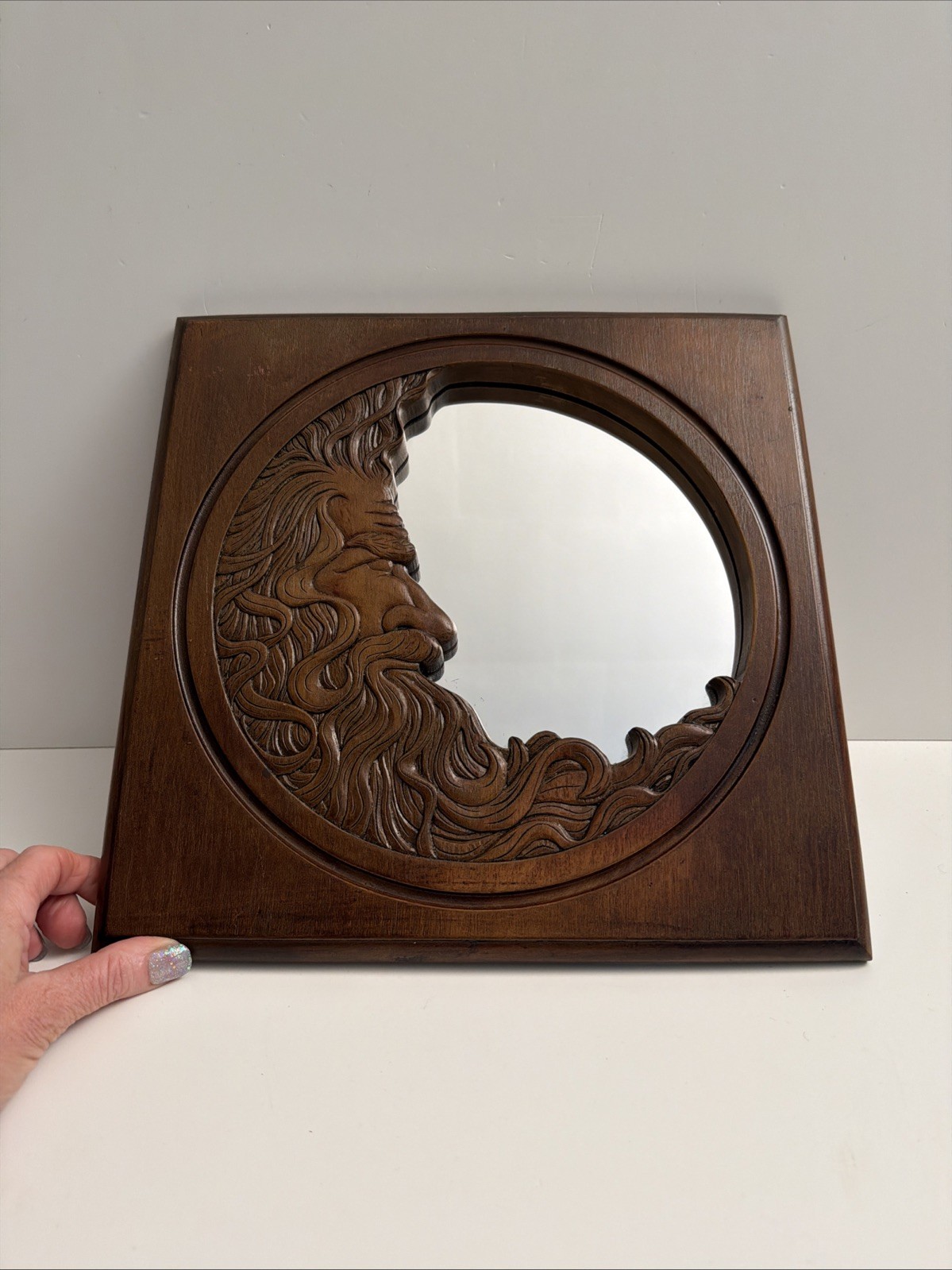 Vintage 1977 Hardin Signed 12″ Wood Carving Crescent Man in the Moon Wall Mirror