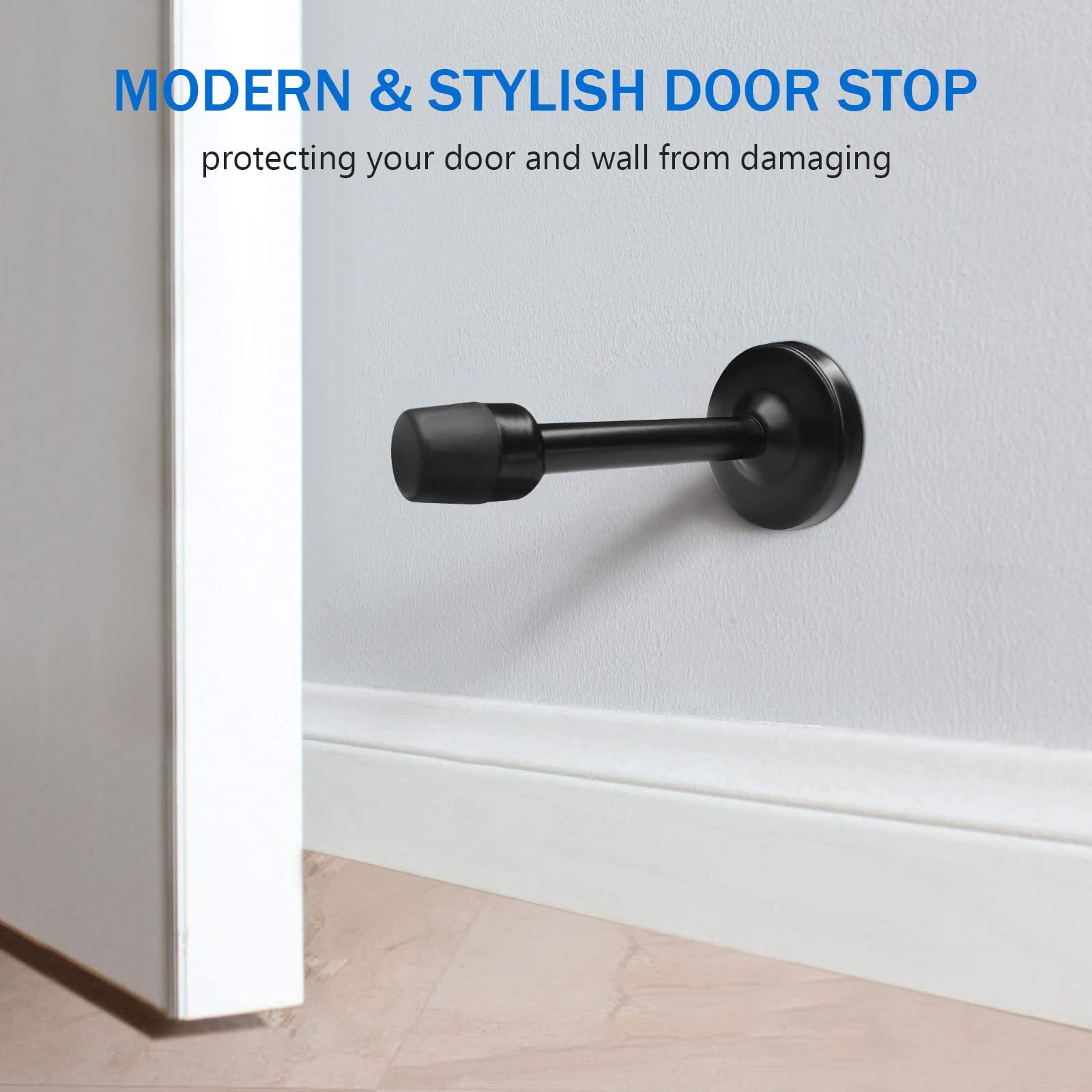 4 inch Black Long Door Stop Wall Mount with Sound Dampening Rubber Tip