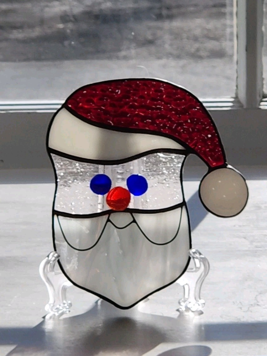 Vintage Santa Face Stained Glass Red Hat Christmas 5×6″ Inches Handmade Quality