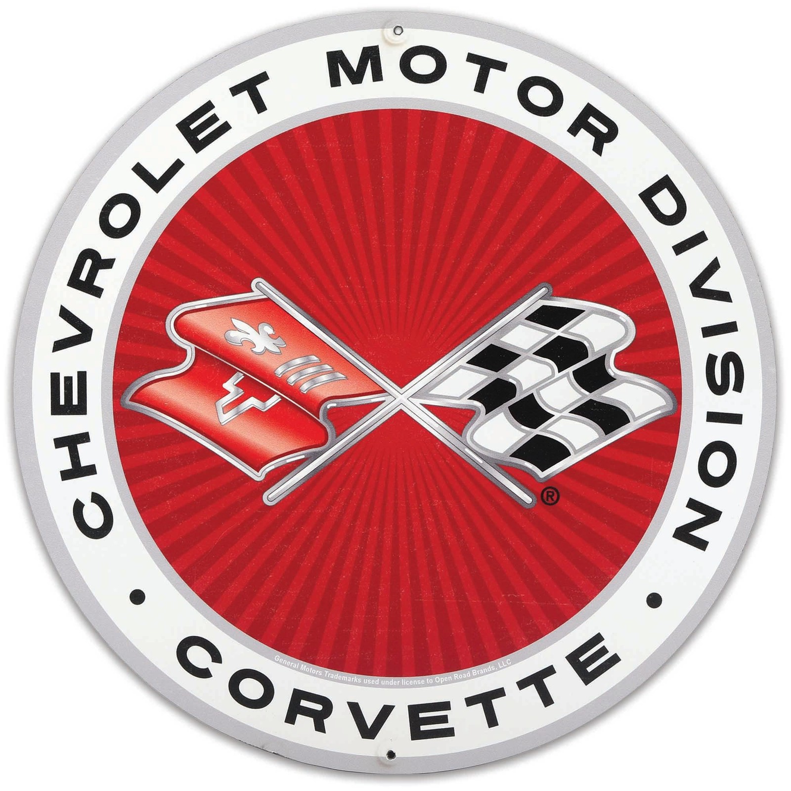 Chevrolet Motor Division Corvette Logo Round Metal Sign – Small, Red/White