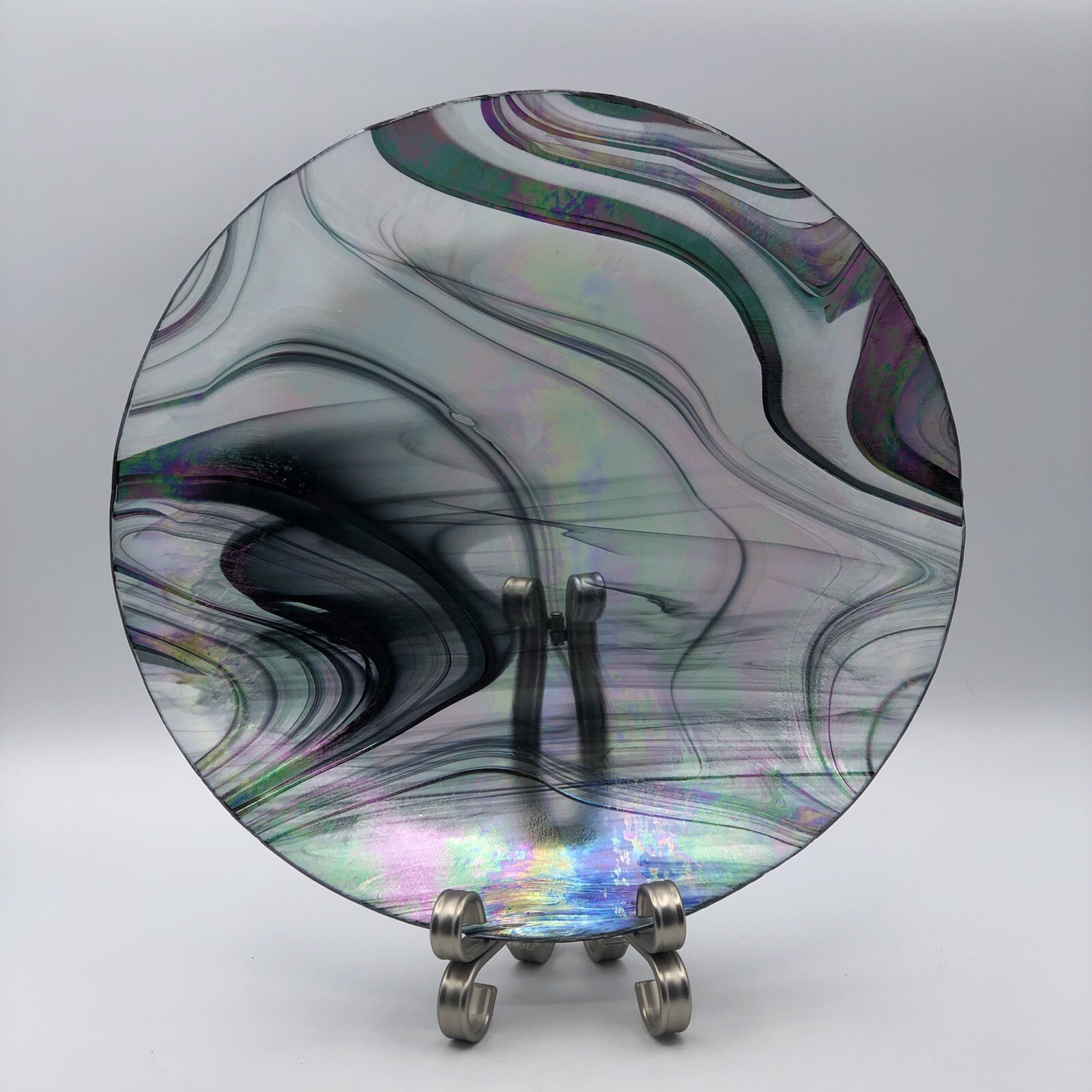 Iridescent Opalescent (Oil Slick) Glass Charger/Platter With Silver Metal Stand