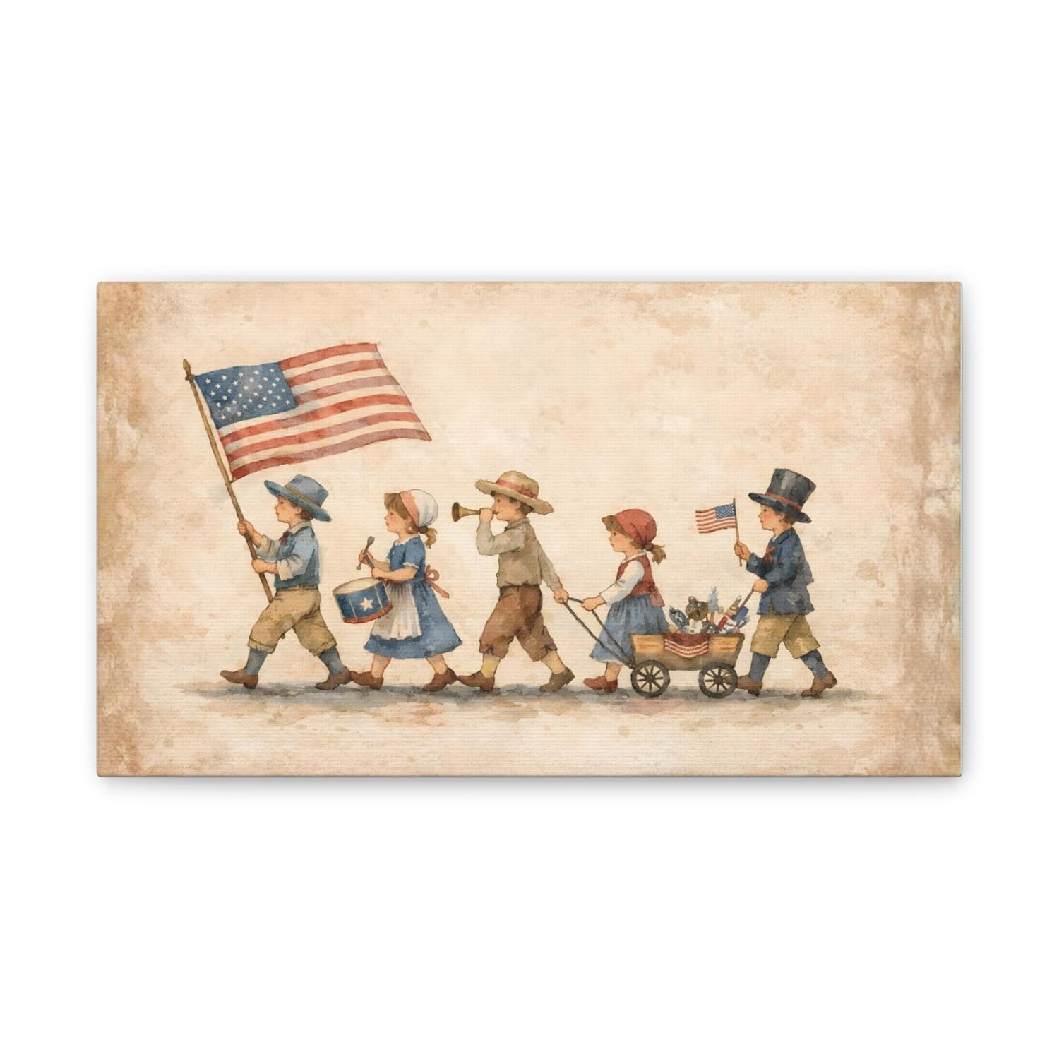 Vintage 4th of July Parade Canvas Art, Americana Kids Patriotic Wall Decor Print