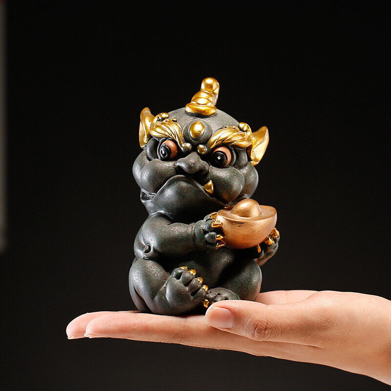 A Pair of Green Sand Stone Auspicious Pixiu Tea Pet Statue Desktop Decoration