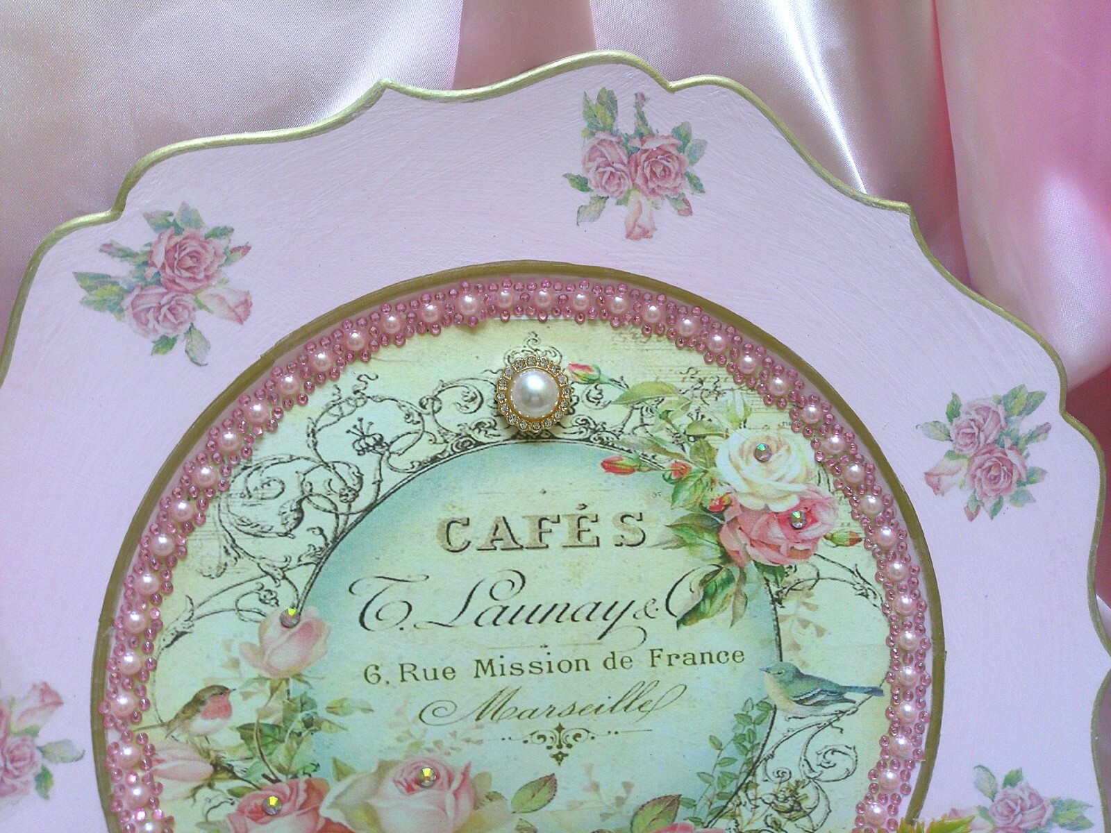 Shabby Chic Victorian~Lg Charger Plate w/French Inspired Graphic~PINK~Roses~OOAK