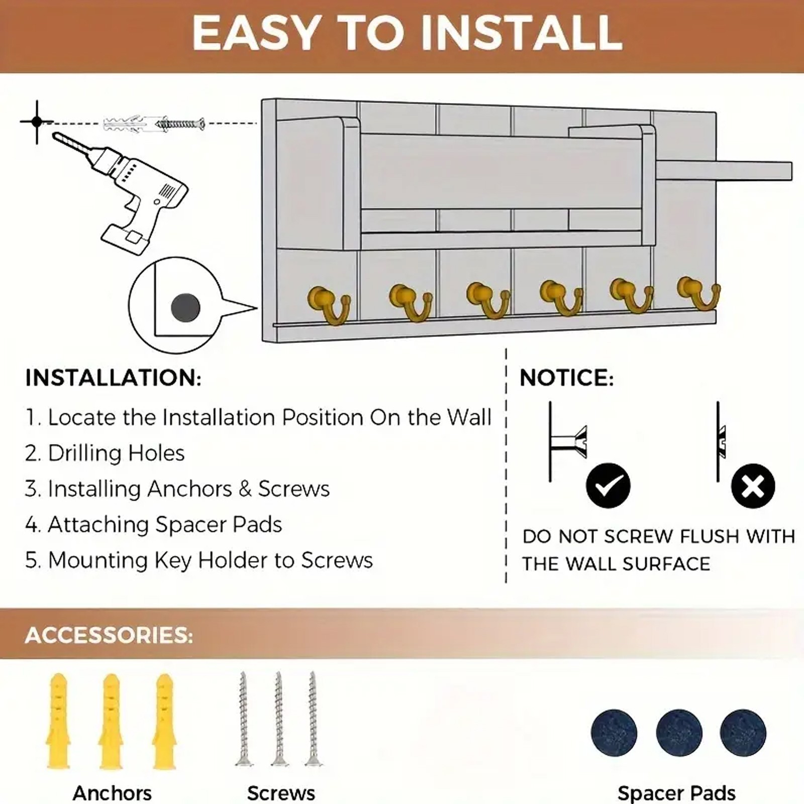 Wall-Mounted Key Holder & Mail Organizer with Hooks – Entryway Storage & Decor