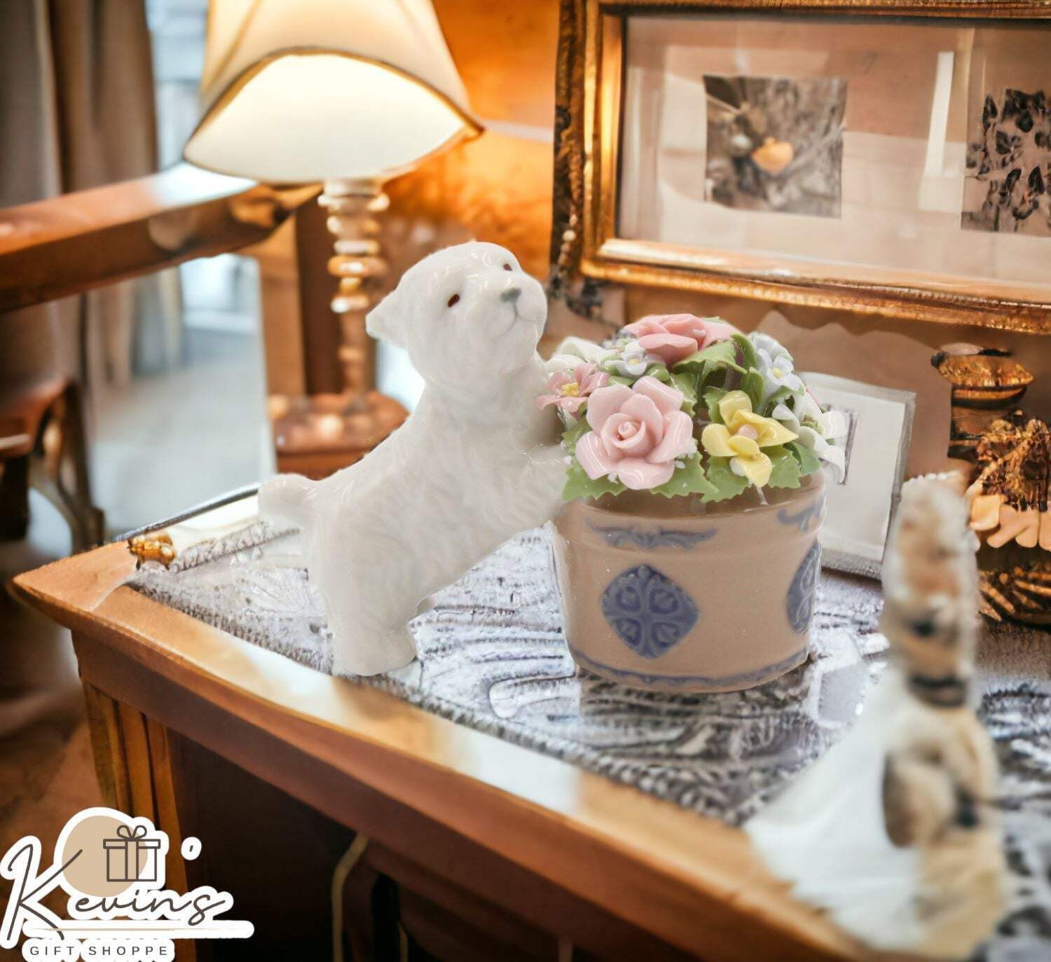Ceramic Westie Dog By Floral Pot Small Figurine, Home Décor, Gift for Her, Gift