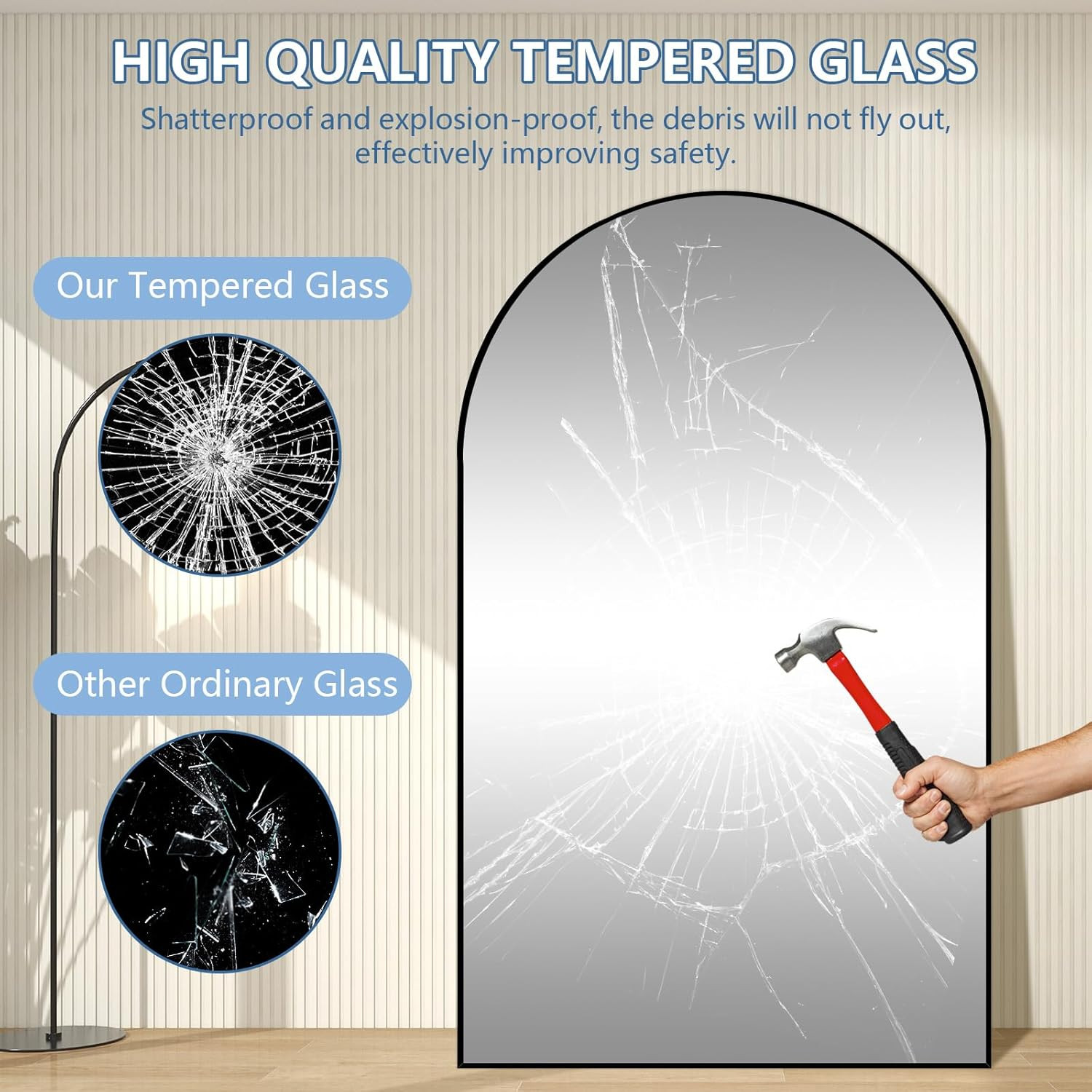 72″ Extra Large Arch Floor Mirror – Black Glass & Aluminum Frame