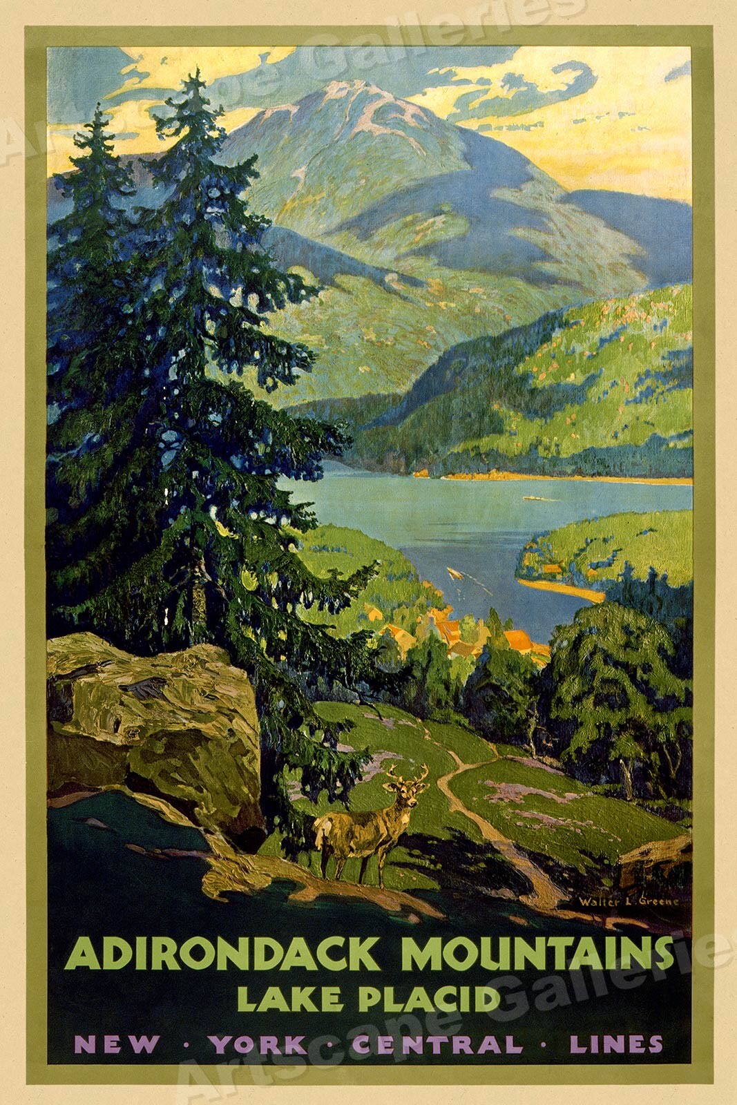 1920s Adirondack Lake Placid New York Vintage Style Travel Poster – 24×36