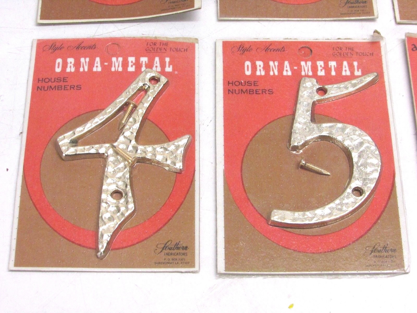 NOS! VINTAGE ORNA-METAL HOUSE NUMBERS, GOLD TONE HAMMERED ALUMINUM