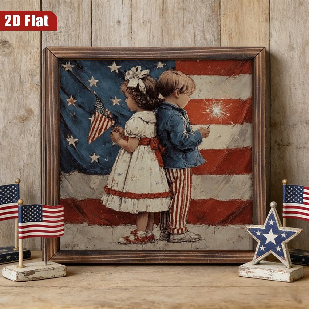 Vintage Kids Sparkler US Flag 4th of July Independence Day Farmhouse Home Decor