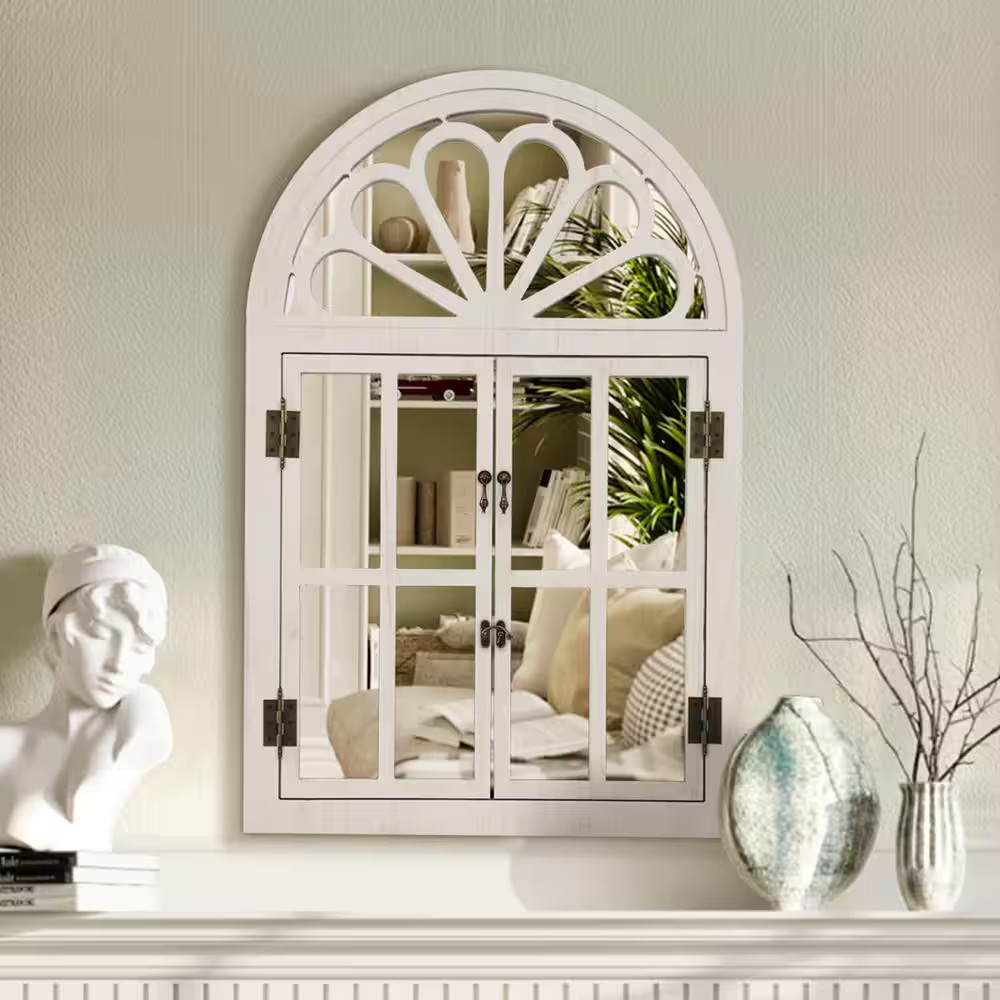 White 24 In. W X 36 In. H Solid Wood Arched Framed Windowpane Accent Mirror Wall