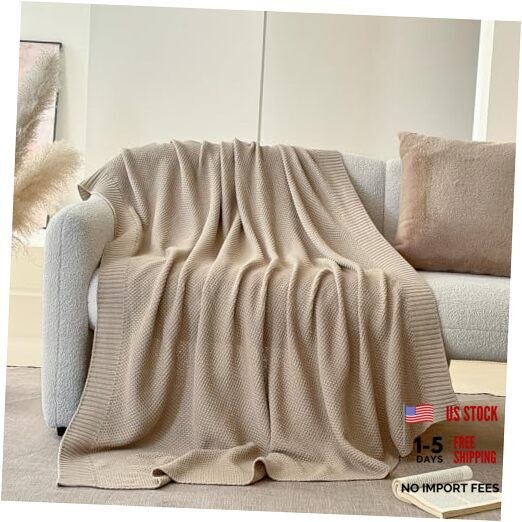 100% Cotton Throw Blanket, Solid Color Cable Knitted Throw 50×60″ Light Khaki
