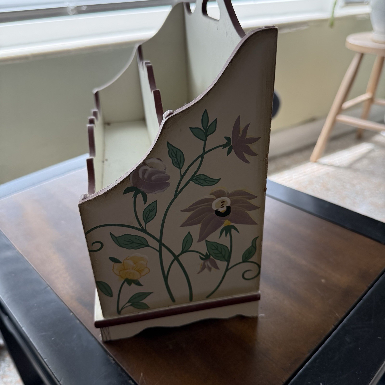 Vtg Wooden Letter Holder Painted Flowers Drawer2 Slots Organizer Cottagecore