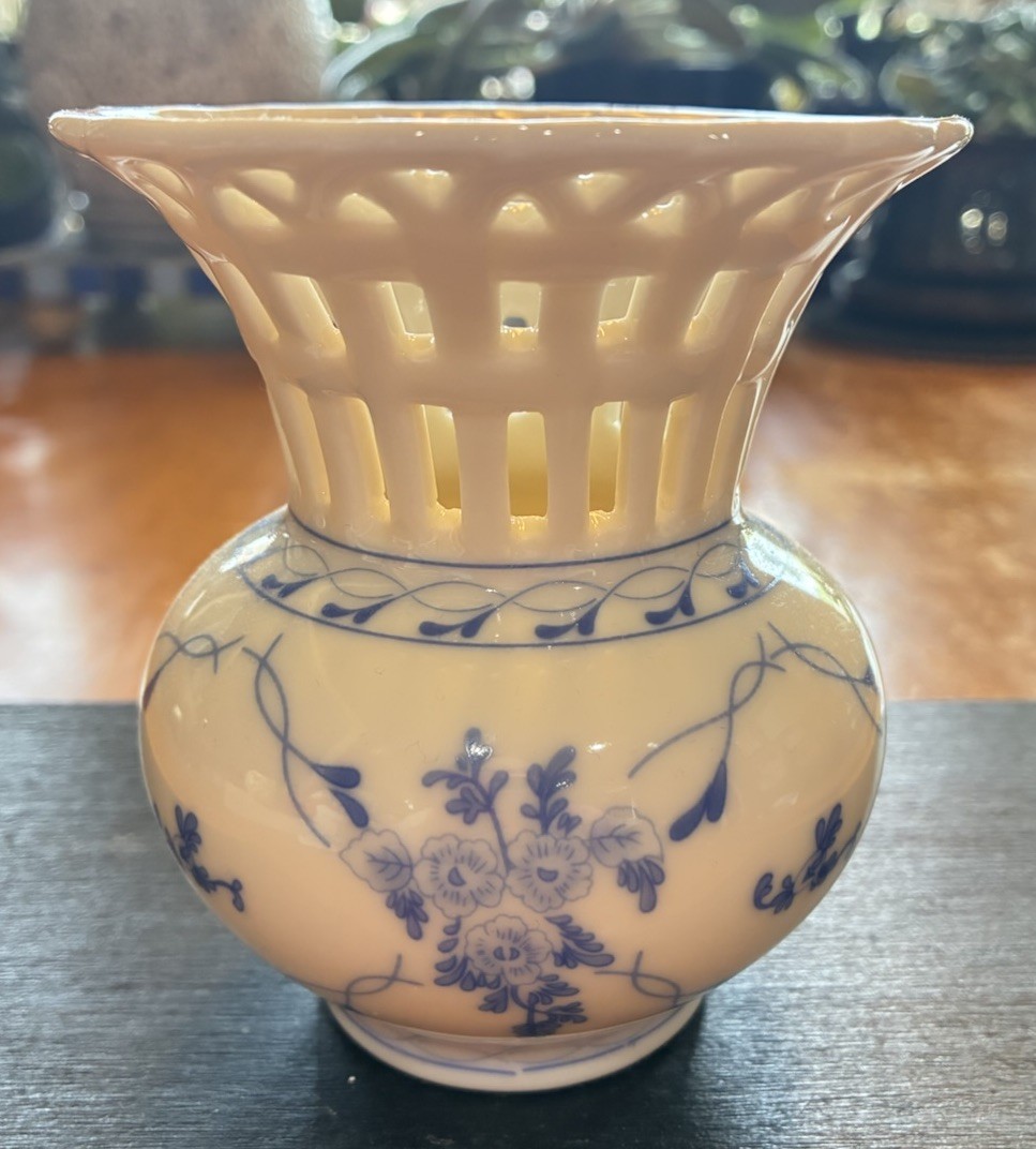 Skye McGhie Rose Brocade Porcelain Vase w Blue White Flowers