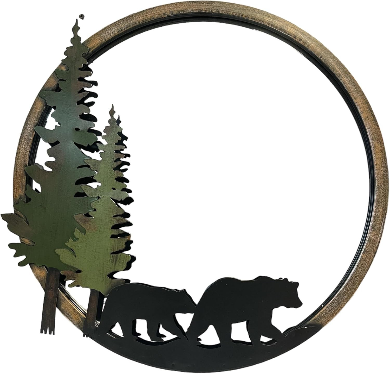 Rustic 20″ Round Wall Mirror with Bear Silhouette – Metal Decor Accent