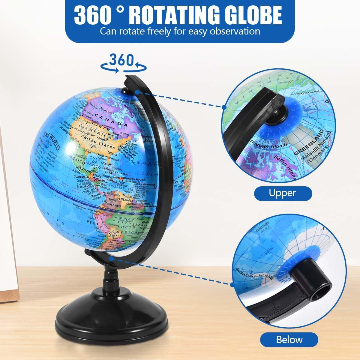 Rotating World Globe 6 Inch Spinning Earth Globe with Stand for Kids Learning Ge