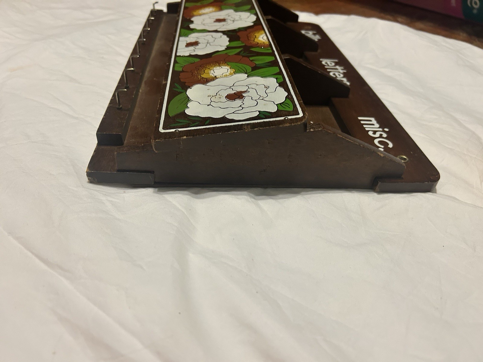 Vintage Wooden Mail Organizer Key Holder Bills Letters Misc Floral Wall Rack