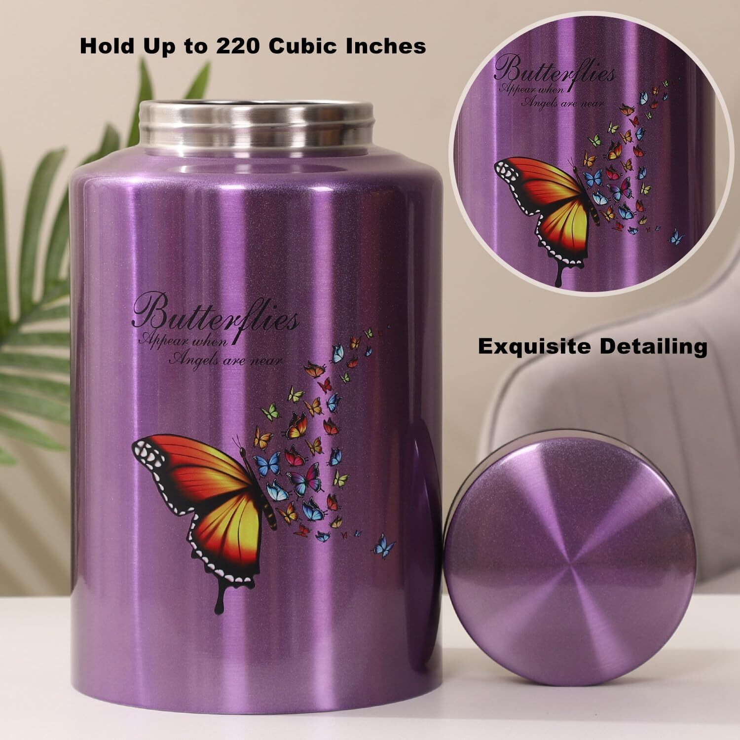 Urns for Human Ashes Adult Female Up to 220 lbs,Purple Butterfly Urn Purple