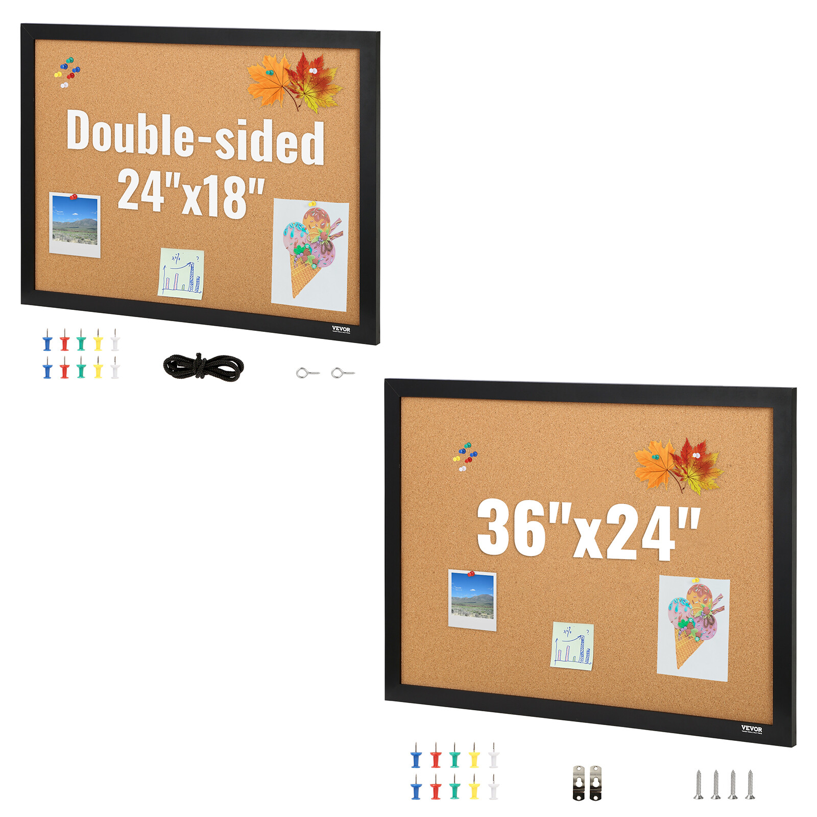 VEVOR Cork Board Bulletin Board 24×18 / 36×24 in MDF Sticker Frame Wall Mounted