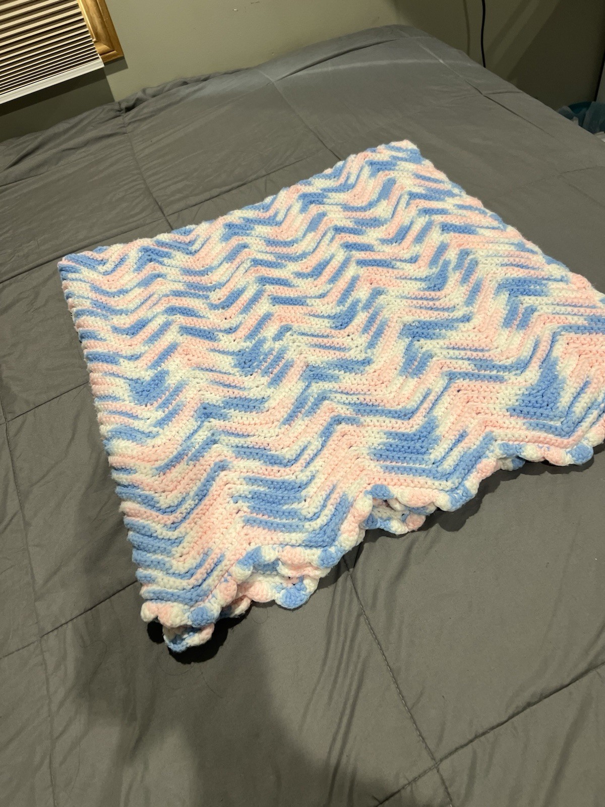 Crocheted Baby Blanket 48×48 Inches Blue Pink and White Handmade