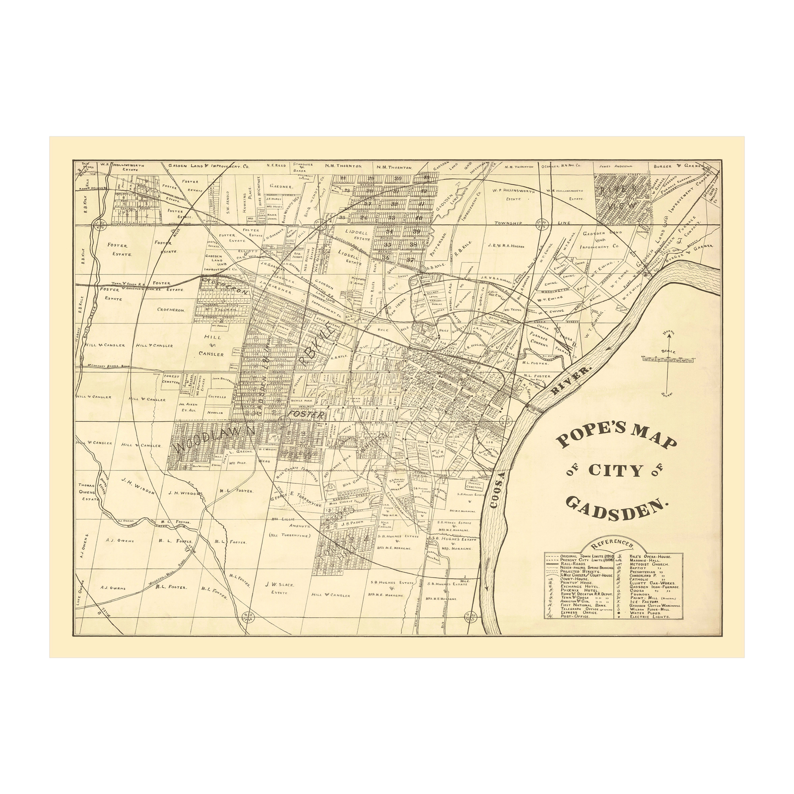 Old Map of Gadsden, AL 1888 – Vintage Gadsden Alabama Art