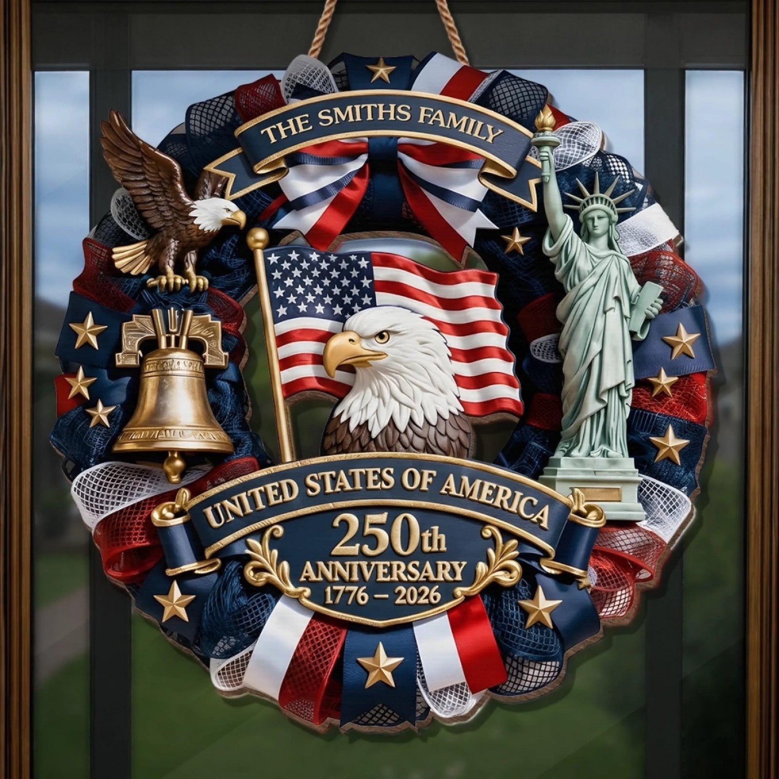 Personalized America 250th Anniversary Wood Wreath, Patriotic Door Sign,