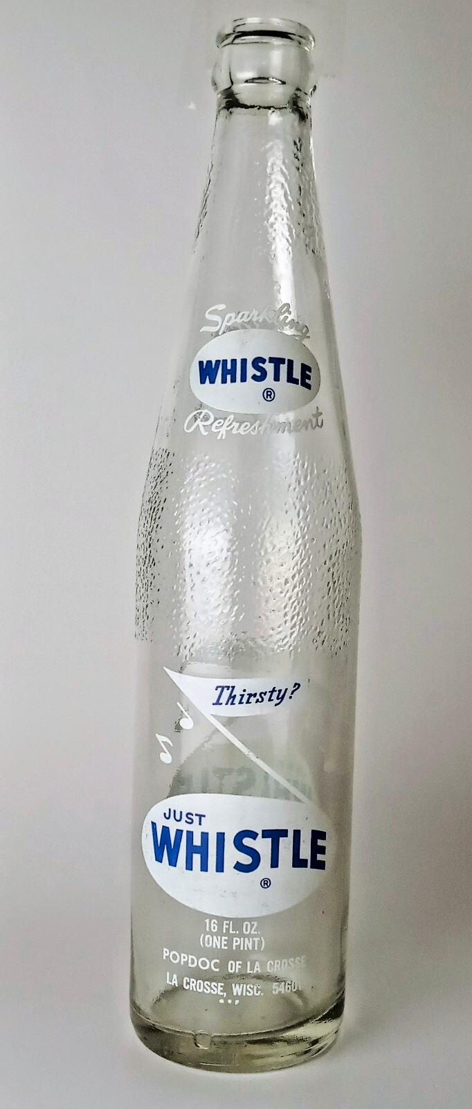 VTG Whistle 16oz Soda Bottle Clear 2 Color 2 Sided La Crosse Wisconsin