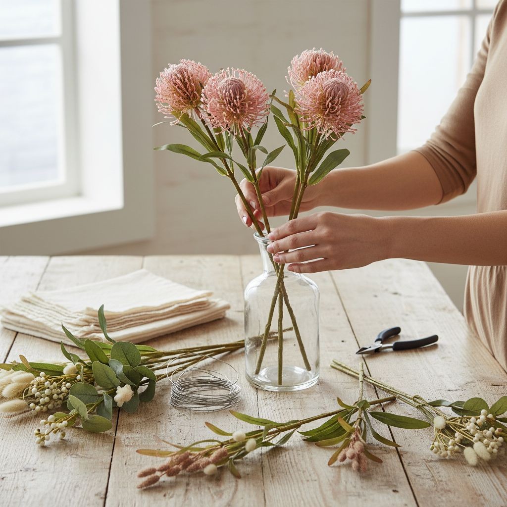 Pink Blush Pincushion Protea Stem Faux Protea Flower Artificial Floral Decor