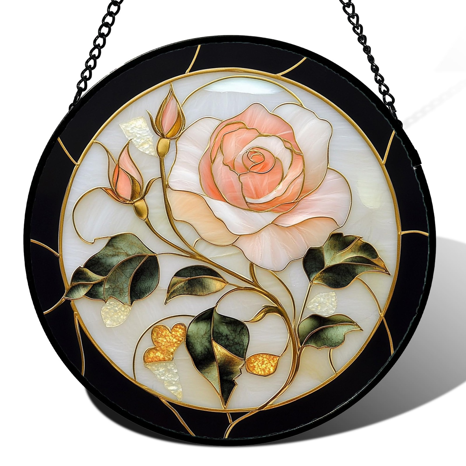 Stained Glass Sun Catcher Black Pink Rose Window Decor Gift for All Occasions
