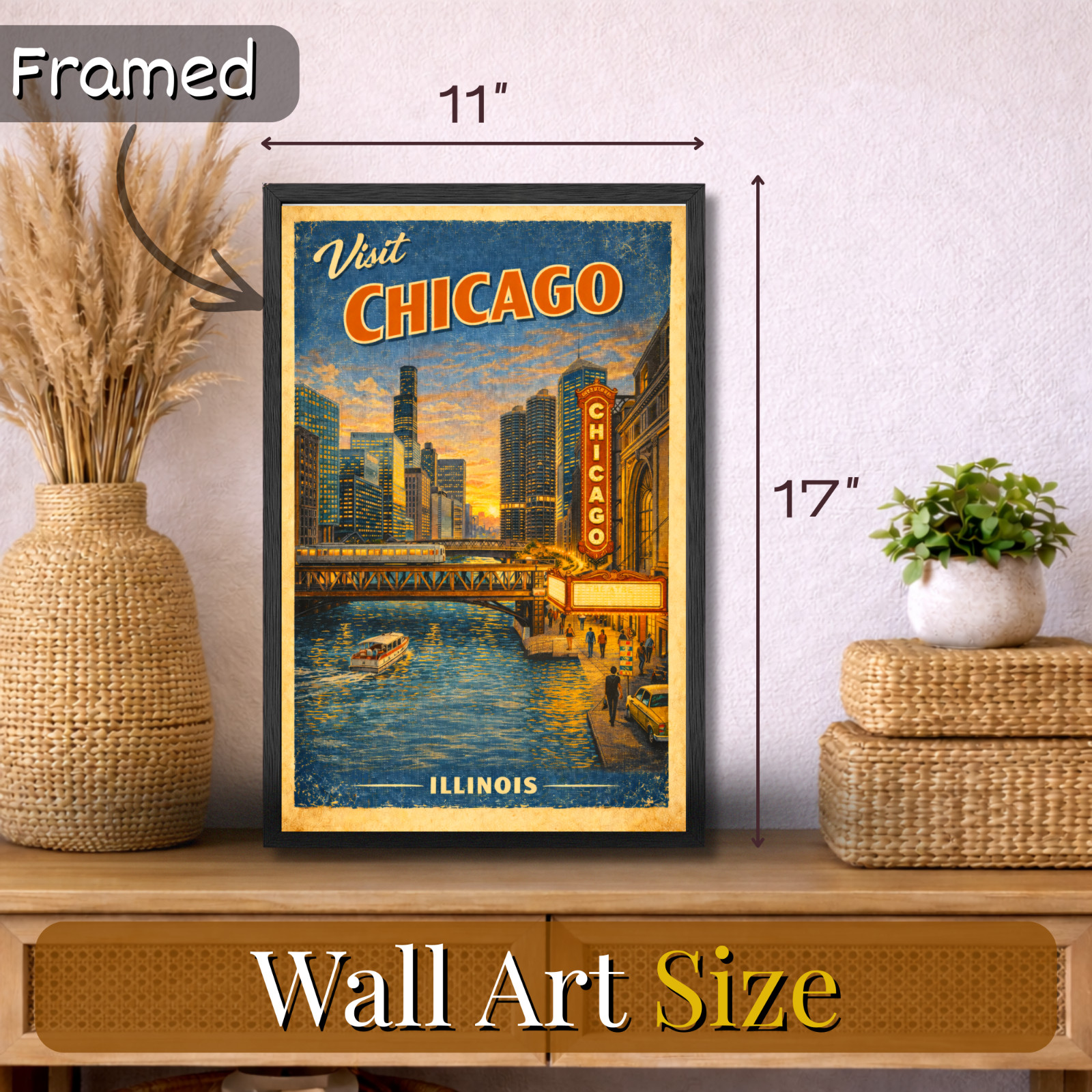 Chicago Illinois Vintage Travel Poster 11×17 Framed Retro Wall Art Decor Gift