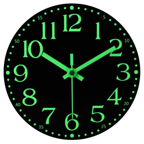 Wooden Glow in The Dark Clock, 8 inch Silent Non-Ticking Battery 8 INCH Black