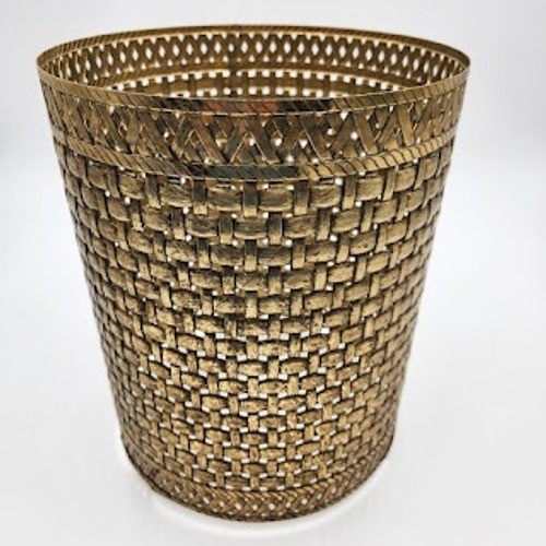 VTG Brass Metal Basket Weave Waste Bin Planter Hollywood Regency Lattice 10″ MCM