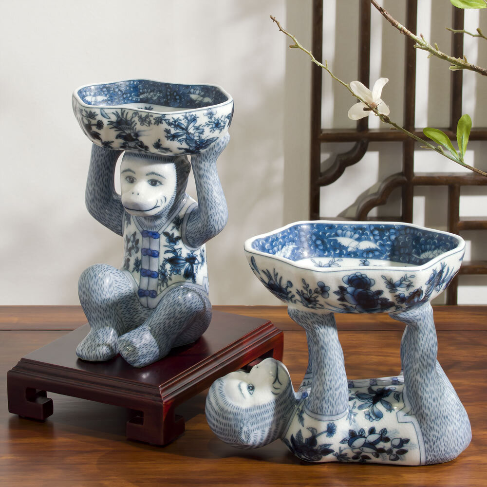 US Seller – Blue and White Chinese Porcelain Monkey Holding Lotus Dish