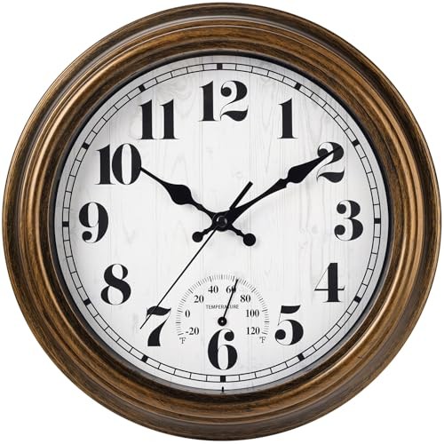 12 Inch Indoor/Outdoor Retro Round Waterproof Wall Clock with Thermometer,