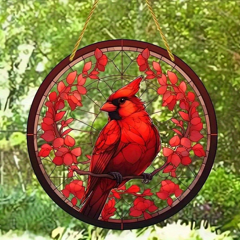 Red Cardinal Round Hanging Decor Bird Suncatcher Window Wall Art Home Decor