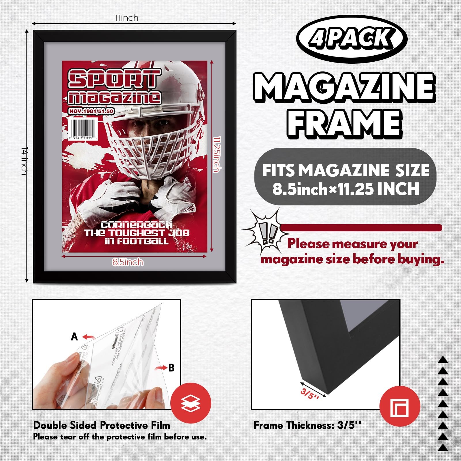 4 PCS Sports Magazine Frame Fits Measuring 8.5×11.25 Inch Magazine Display Frame