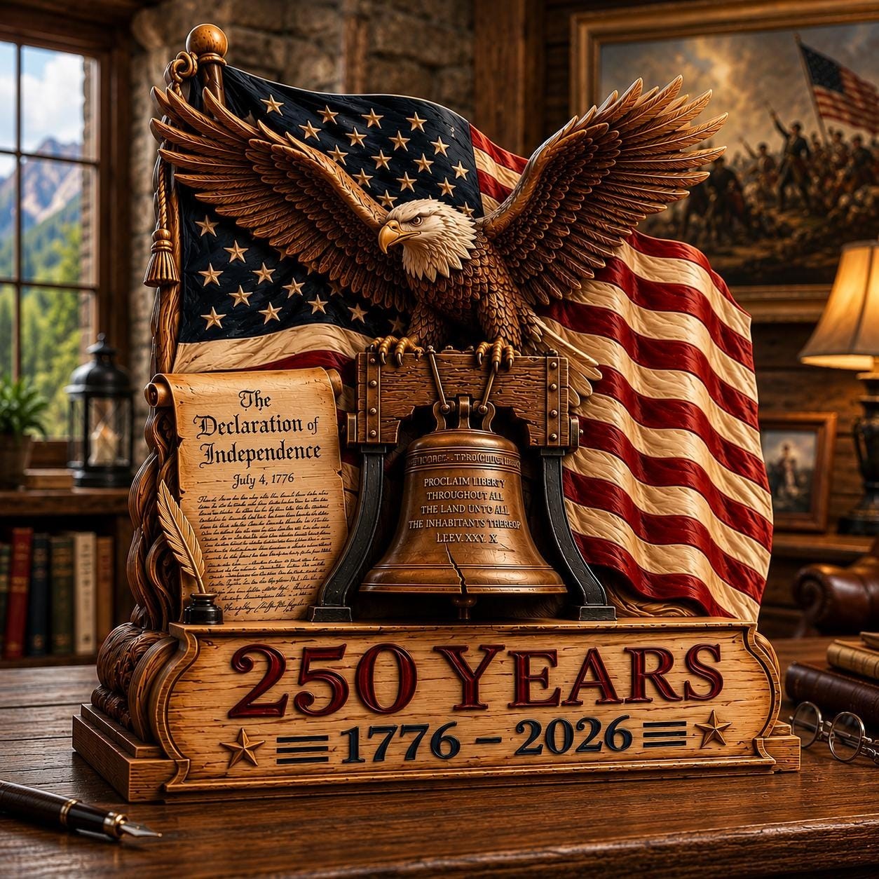 America 250th Anniversary Wooden Decor, Patriotic Eagle & Liberty Bell Desk Sign