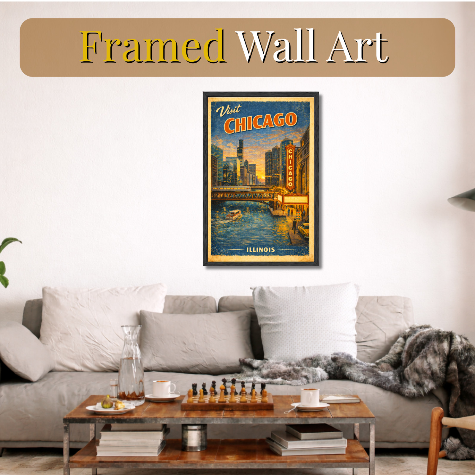 Chicago Illinois Vintage Travel Poster 11×17 Framed Retro Wall Art Decor Gift