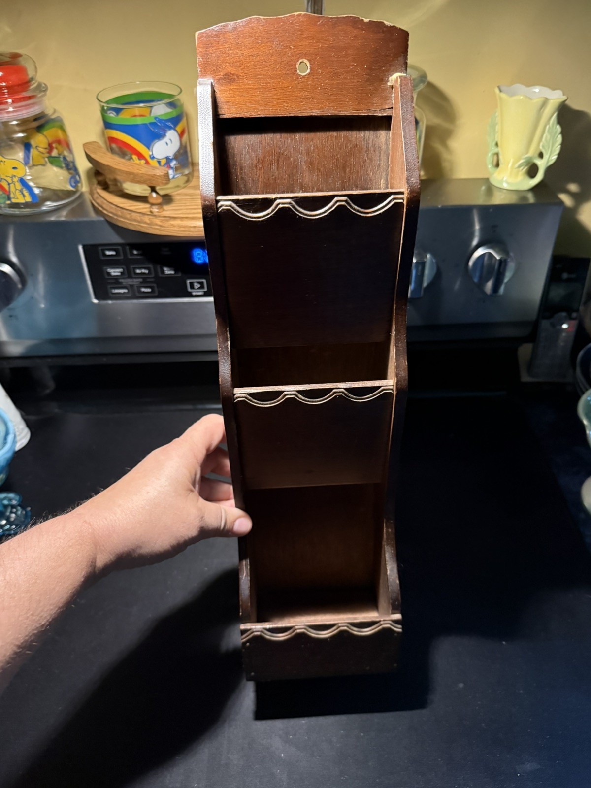 Vtg Wooden Mail Letter Bills Holder Organizer Wall Rack MCM 70s with key hooks