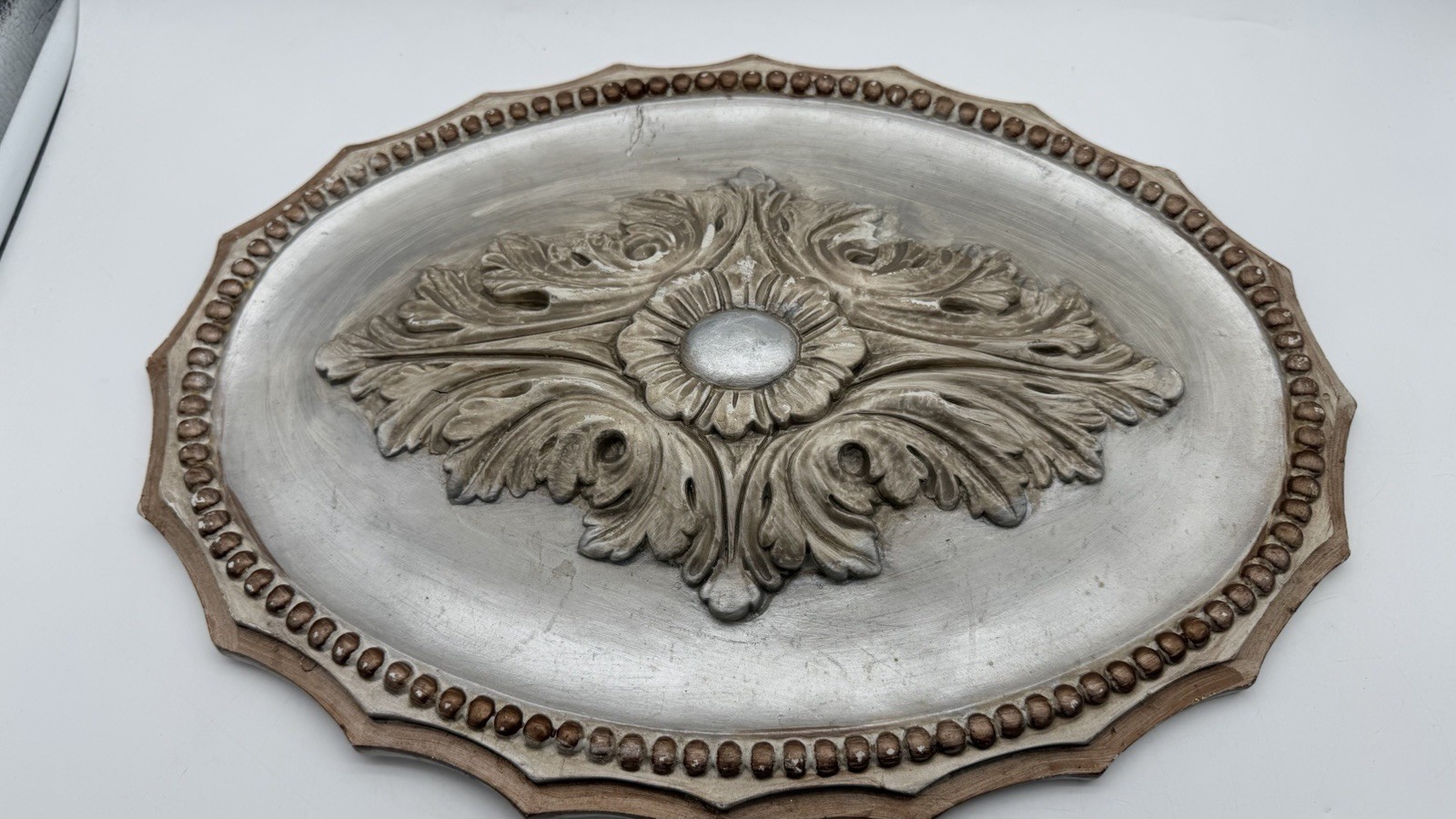 Vintage Style Oval Wall Plaque Faux Silver Acanthus Scroll Beaded 17”