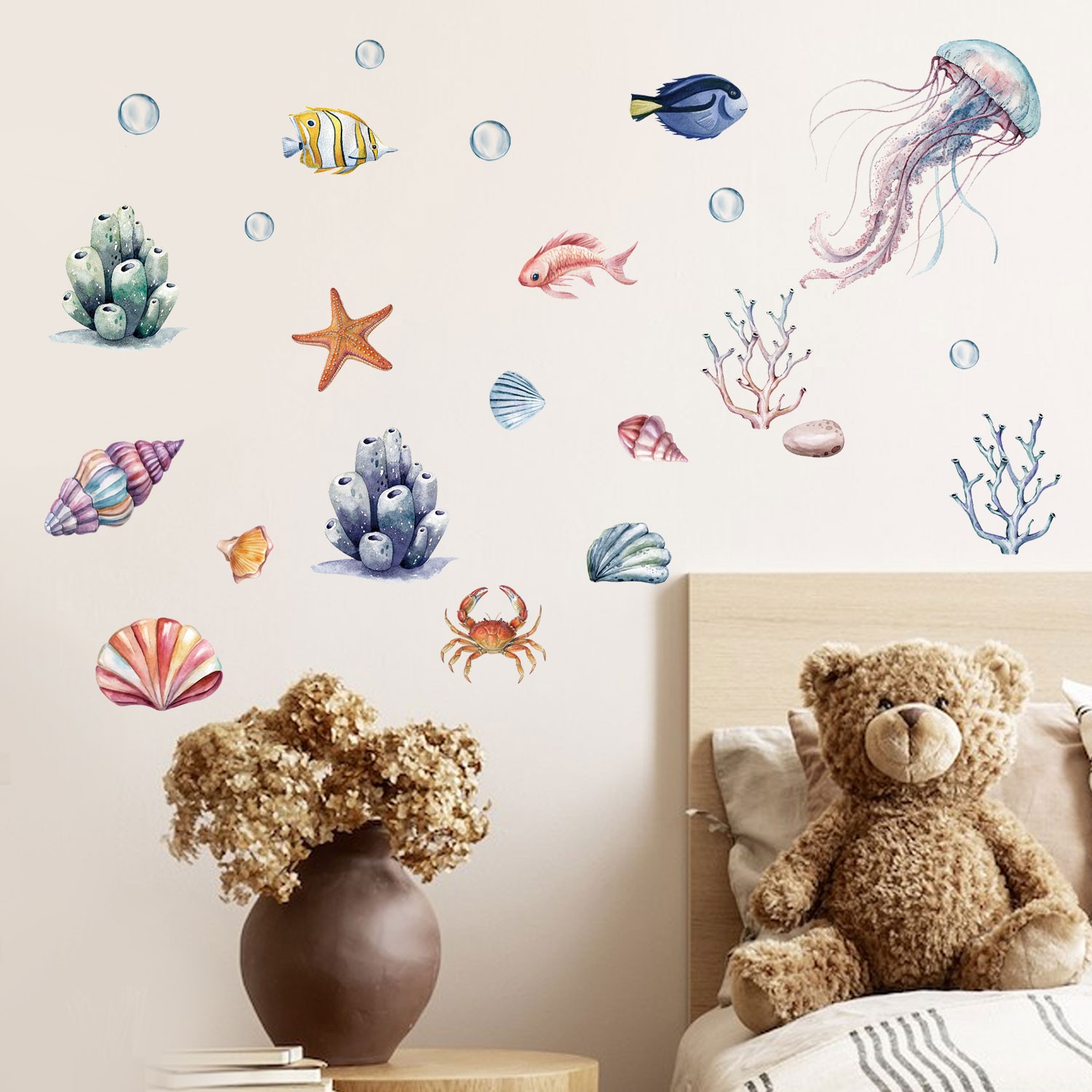 2PCS Marine Life Wall Decals Removable Ocean Stickers For Smooth Walls, Wardrobe