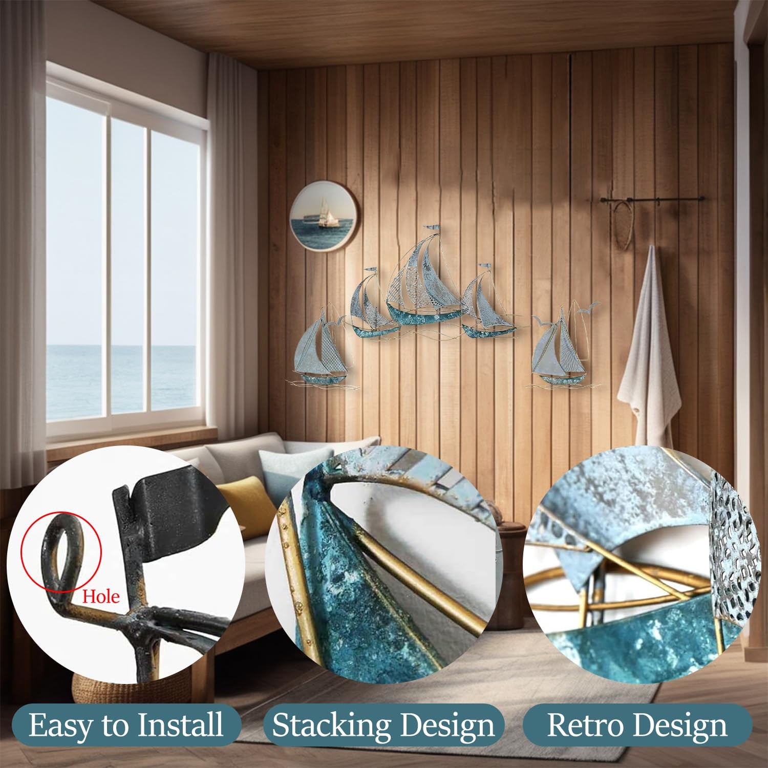 Edaknez Set Of 3 Metal Sailboat Wall Art Metal Blue Ship Wall Decor Coastal