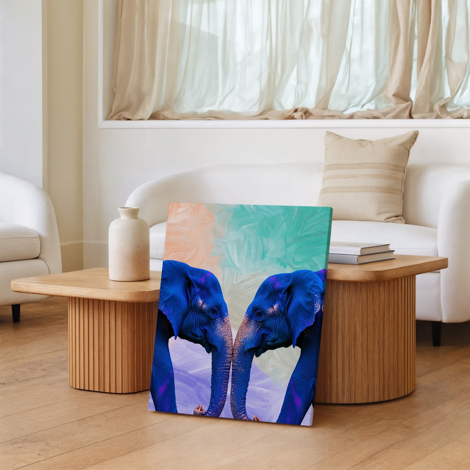 Wall Art Two Majestic Elephants Face Each Other, Their Trunks Entwined In A