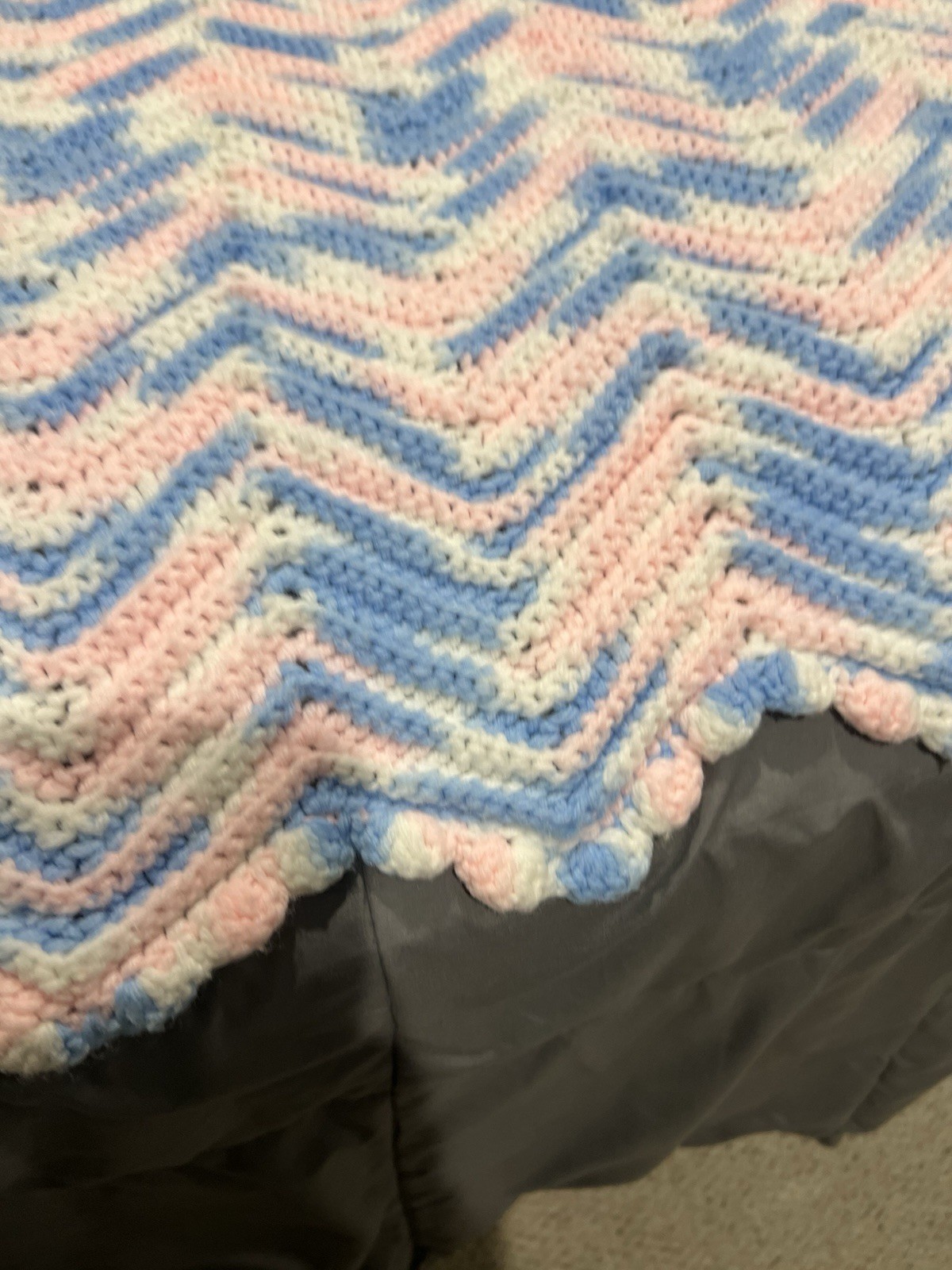 Crocheted Baby Blanket 48×48 Inches Blue Pink and White Handmade