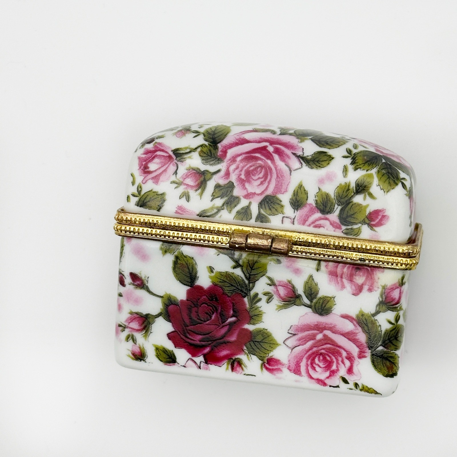 Pink Roses Porcelain Jewelry Keepsake Box Gold Hinged Trim Floral Chintz China