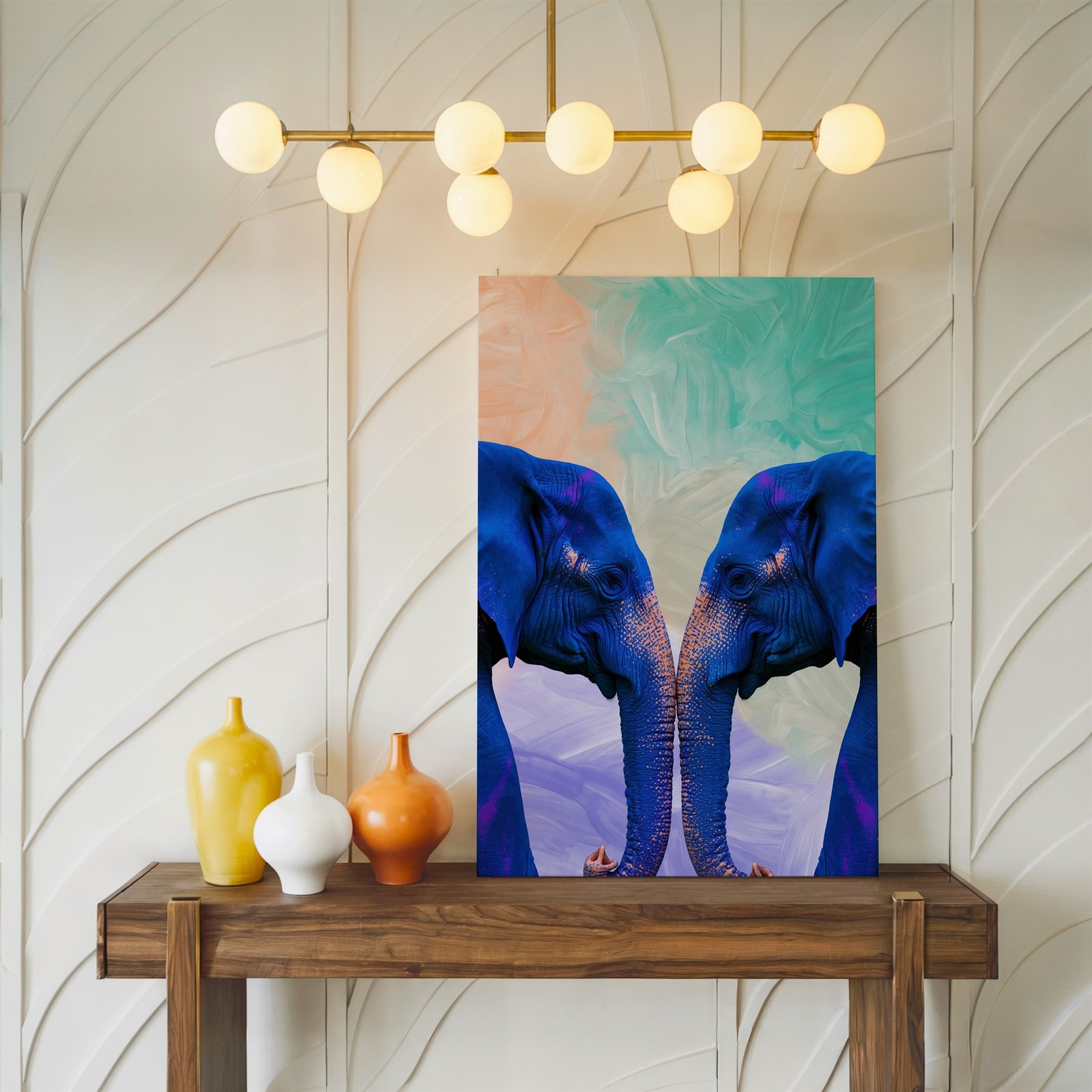 Wall Art Two Majestic Elephants Face Each Other, Their Trunks Entwined In A