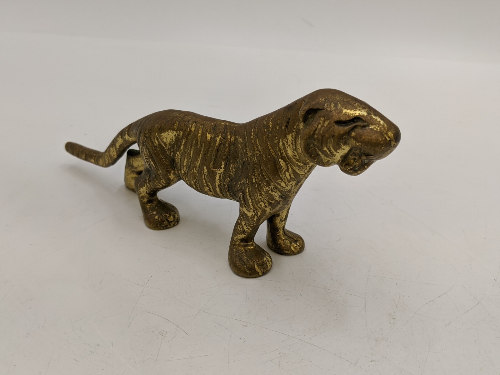 Solid Brass Striped Tiger Animal Statue Figurine Feng Shui 6-1/2″ Length