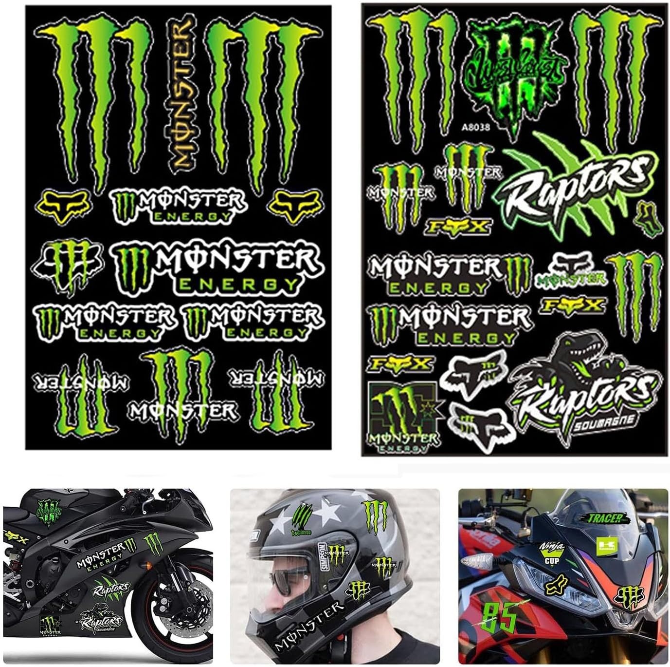 Monster Energy Motorcycle Stickers, Set of 4, for Cars, Motorcycles, and Helmets