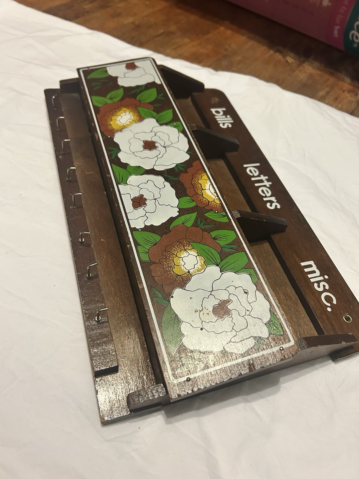 Vintage Wooden Mail Organizer Key Holder Bills Letters Misc Floral Wall Rack